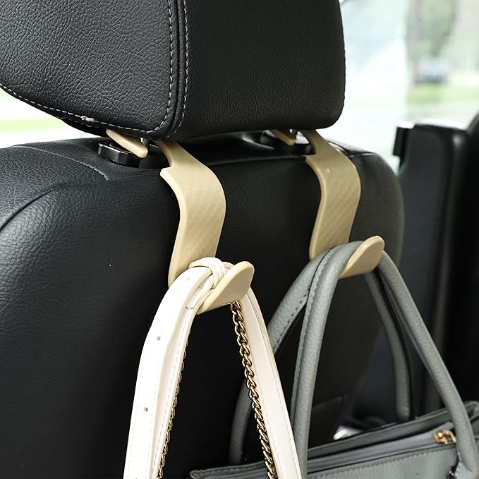 Amooca Car Seat Headrest Hook 4 Pack Hanger Universal Vehicle Car Storage Organizer for Handbag Purse Coat S Type Checkered Beige