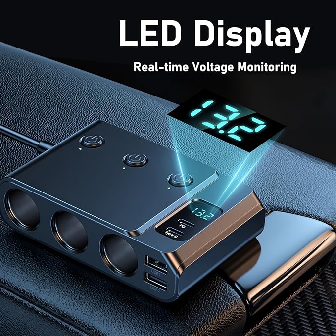 Tendak 9 in 1 Cigarette Lighter Adapter, 150W Cigarette Lighter Splitter with PD 30W/QC3.0, 3 USB Ports (Type-C+2 USB-A), Independent Switches, LED Voltage Display, Plug Outlet 12V/24V(3.3ft Cable)