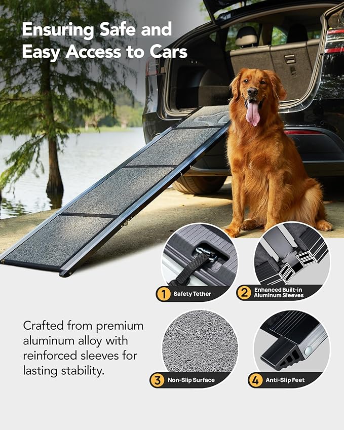 PetThem Dog Ramp for Car 63" Long & 17" Wide Portable Dog Ramps for Large Dogs with Non-Slip Rug Surface Dog Car Ramp for SUV Car & Truck, Folding Dog Ramp Up to 250LBS