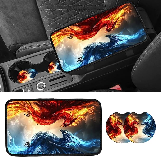 JANENFNA Car Armrest Cover Pads Universal Fashion Cute Auto Center Console Armrest Cover Pad with 2PCS Car Coasters Soft Waterproof Car Armrest Seat Protector for Women,LCE Fire Phoenix