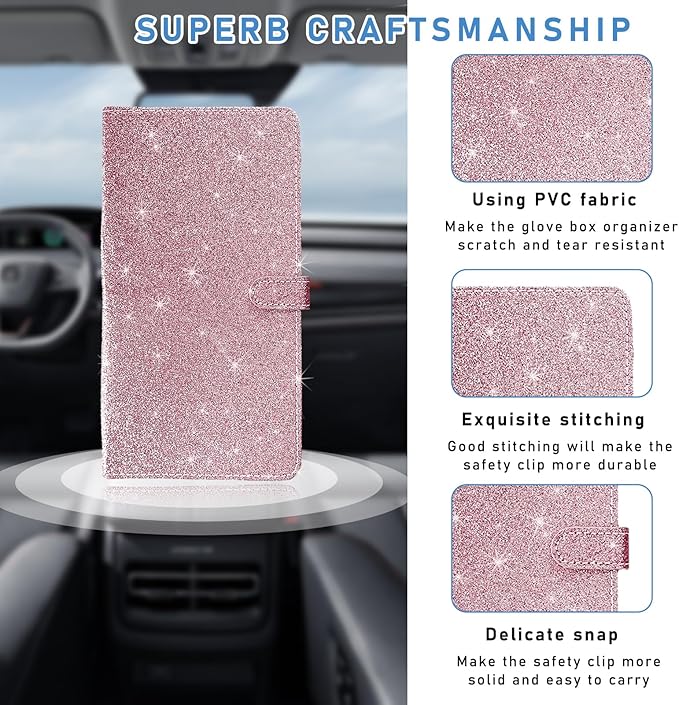 Ziciner Car Registration and Insurance Holder, Auto Card Document Glove Box Organizer with Magnetic Closure, Universal Vehicle Interior Accessories for Cars SUVs (Glitter Pink-Large)