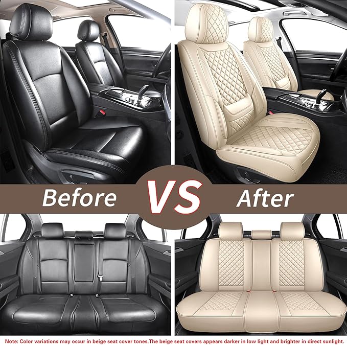 hoozoom Leather Car Seat Covers Full Set Breathable Automotive Seat Covers Waterproof Seat Protectors Universal Fit for Most Automotive Cars SUV Trucks Van (Beige, Full Set)
