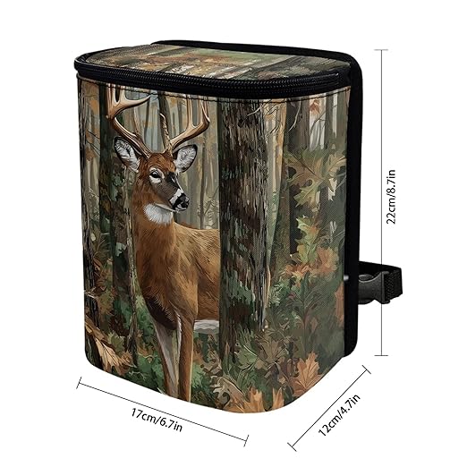 Camo Deer Car Trash Can with Lid Hunting Car Garbage Bin Auto Garbage Can with Adjusatbel Straps Hiking & Camping Storage Bag Auto Interior Accessories
