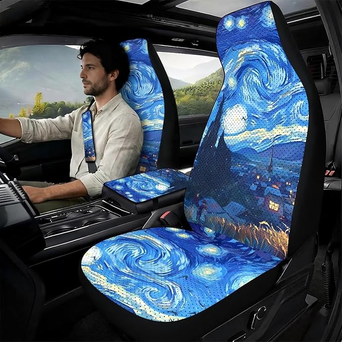 Psesaysky 5PCS Leather Auto Interior Decor, Blue Starry Sky Universal 2 Front Seat Covers, Armrest Cover, 2 Seat Belt Covers, Car Accessories Gift Set for Men Women