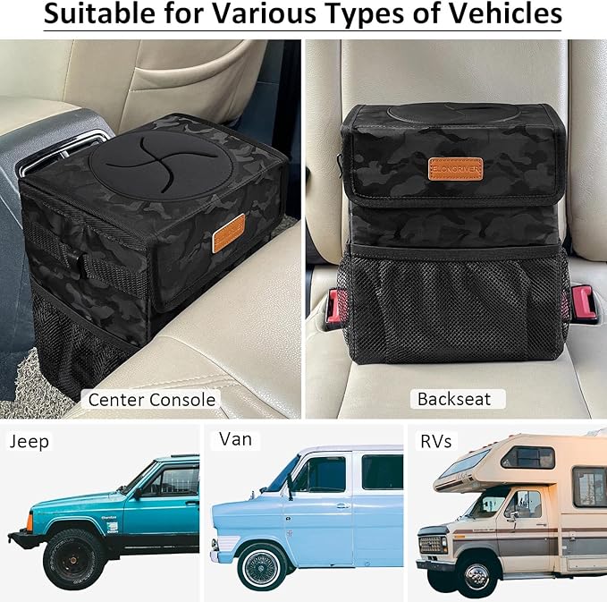 ELONGRIVER Car Trash Can Bin for Back Seat Leak Proof, Cute Car Trash Bag Hanging, Vehicle Trash Can for SUV Truck Van, Automotive Garbage Cans Front Seat Camo Black