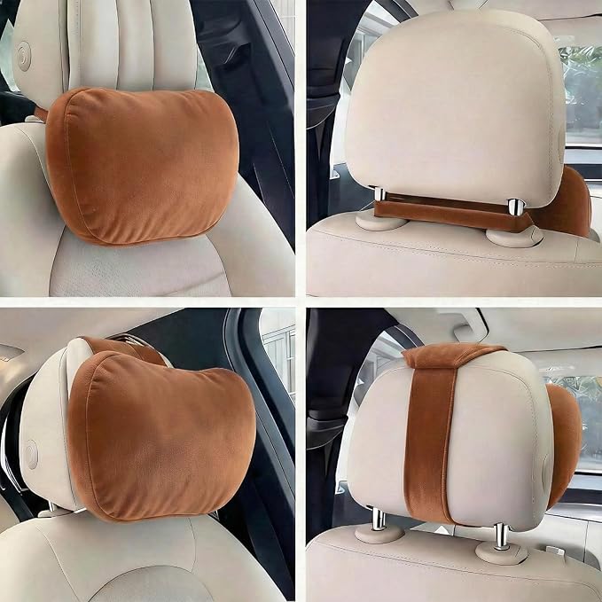 2PCS Car Pillow for Car Neck Pillow for Driving Seat Leather Neck Support Soft Cushion Back Support Head-Rests for Vehicle Sleeping with Elastic Adjustment Strap (Brown, Head)