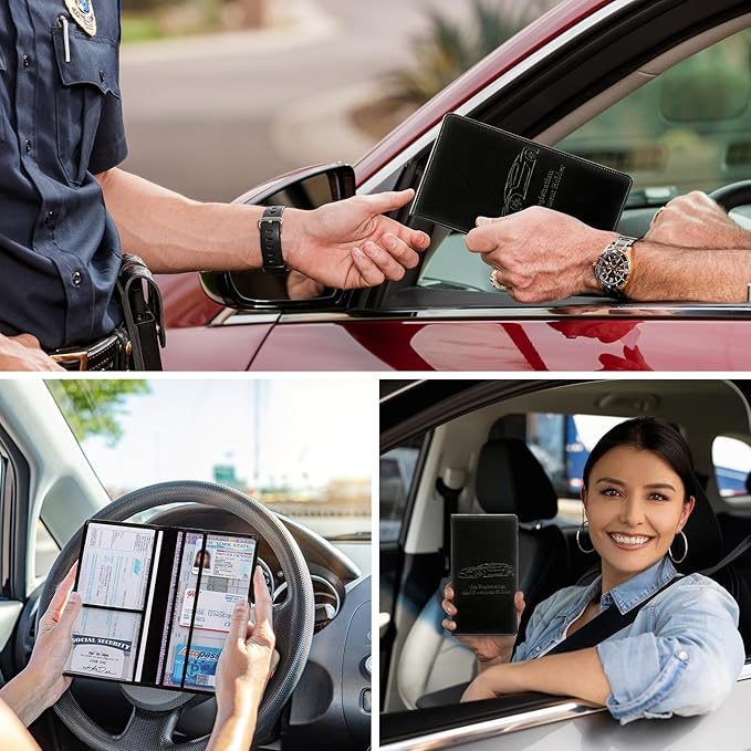 Peisicne Car Registration and Insurance Card Holder for Women Men, Black Glove Box Paperwork Organizer with Magnetic Buckle for Easy Access and Protect Documents and Various Cards in Vehicle