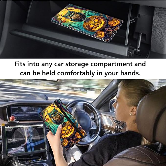 Qindaiwen Car Registration and Insurance Holder, Vehicle Card Document Elastic Band Closure Glove Box Organizer, Driver License Cards, Car Accessories for Essential Info, Owl Pumpkin