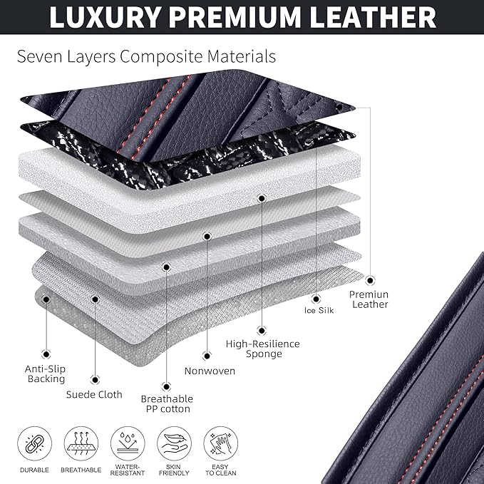 HighnessHwoo Luxury Car Seat Covers Full Set, Breathable Faux Leather Car Seat Protector, Dog Child Kids Summer Ventilated Seat Cushion for Front & Back Seats, Universal, Black, Full Set 5 Seats