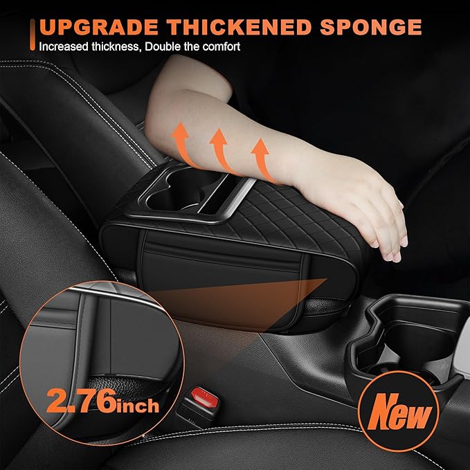Center Console Cover Fit for Kia Sorento 2003-2025 with 2 Storage Bags Waterproof Leather Quilted Pattern Car Armrest Cover Cushion Elevating Pad Anti-Slip(Black)