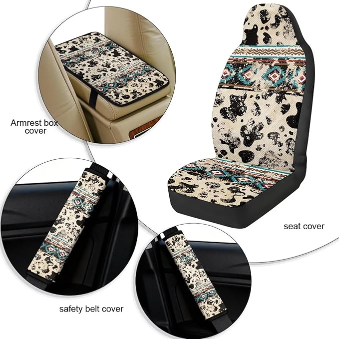 Qeluxign Car Seat Covers Cow Print Tribal Full Set Universal Fit Auto Front Seat Covers and Seatbelt Pads Armrest Cushion Gifts for Women Protect Your Car Interior