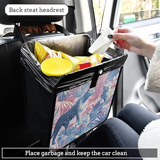 Car Trash Can Organizer Bin with Adjustable Strap for Back Front Seat Console Waterproof Leakproof Collapsible Portable 11 Inch Cute Cheetah and Palm Leaves