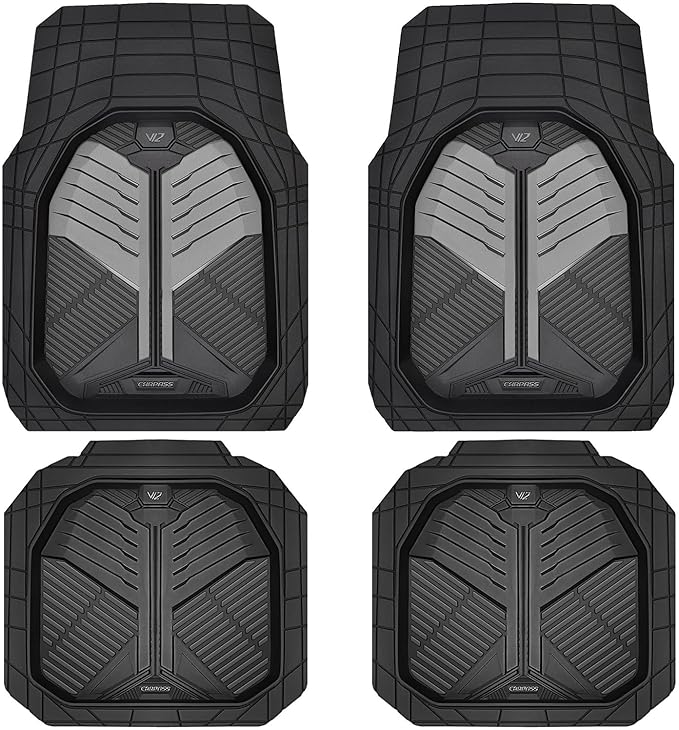 CAR PASS Heavy Duty Rubber Car Mats, Deep Dish Car Floor Mats All Weather, Car Mats Full Set 4-Piece Trim to Fit for Sedans SUVs Trucks, Waterproof Anti-Slip Automotive Mats, V12 Black and Gray
