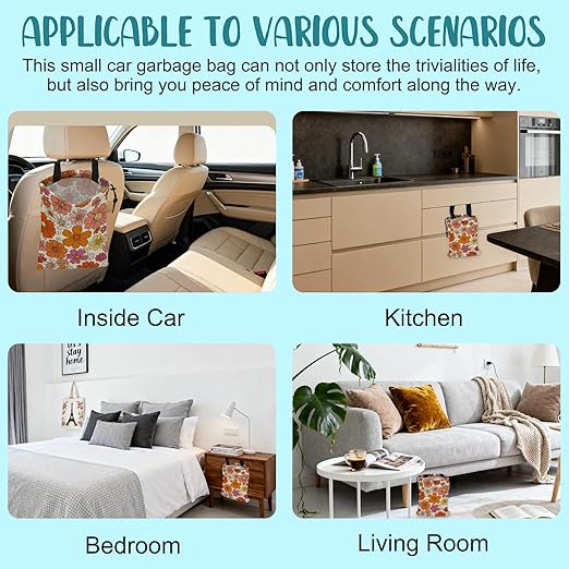 KXWQTRDD Car Trash Bag Hippie Vintage Flowers Leak-Proof Car Garbage Bag with Drawstring Foldable Canvas Trash Bin with Adjustable Buckle for Car Accessories, Travelling, Camping