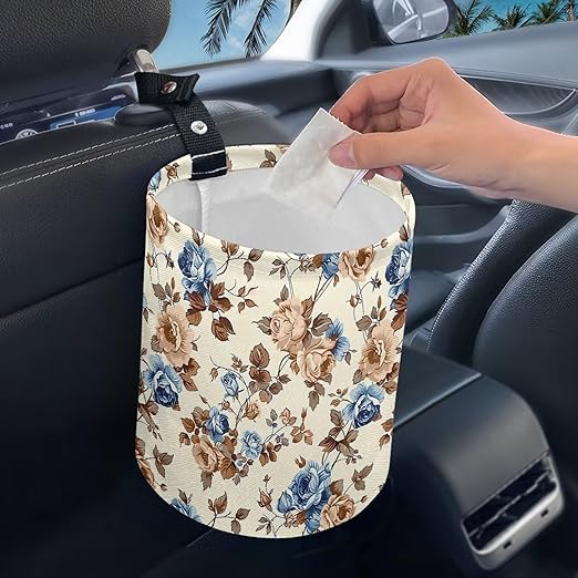 Retro Flower Print Cat Car Garbage Can Small Trash Can with Leak Proof Inside Liner and Hanging Strap Car Organizer Portable for Road Trip
