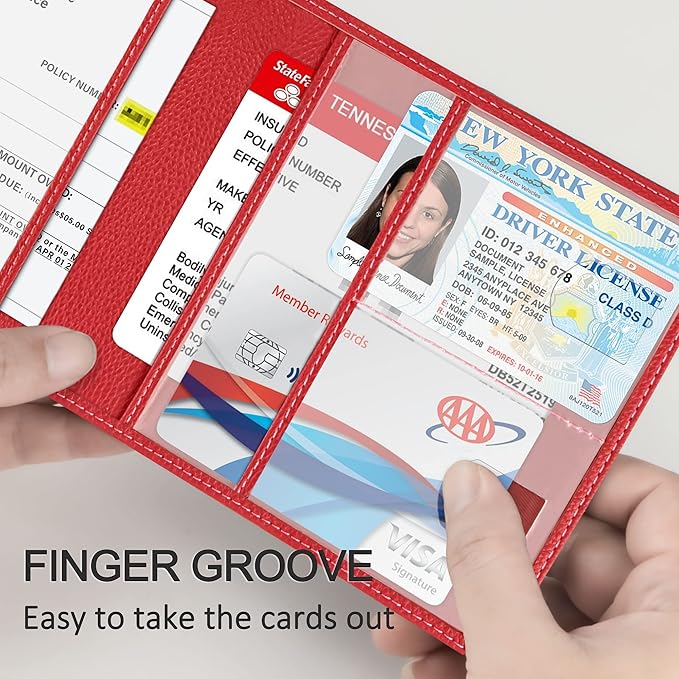 New Fashion Kingdom Car Registration and Insurance Holder, Premium PU Leather Vehicle Glove Box Car Organizer Men Women Wallet Accessories Case for ID, Driver's License - Red