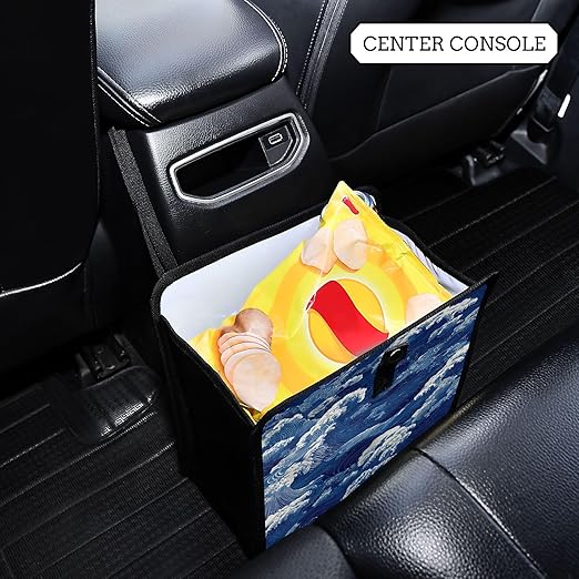 Car Trash Can Organizer Bin with Adjustable Strap for Back Front Seat Console Waterproof Leakproof Collapsible Portable 11 Inch Blue Ocean Waves