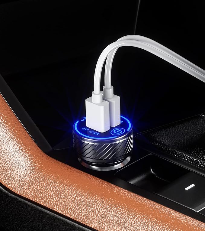 【2Pack】 USB Car Charger, Dual USB Port Cigarette Lighter Adapter, 5V/4.8A Charge Car Phone Charger with Blue LED & Touch Switch