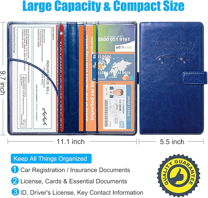DMLuna Car Registration and Insurance Holder, Leather Vehicle Card Document Glove Box Organizer, Auto Truck Compartment Accessories for Essential Information, Driver License Cards, Dark Blue