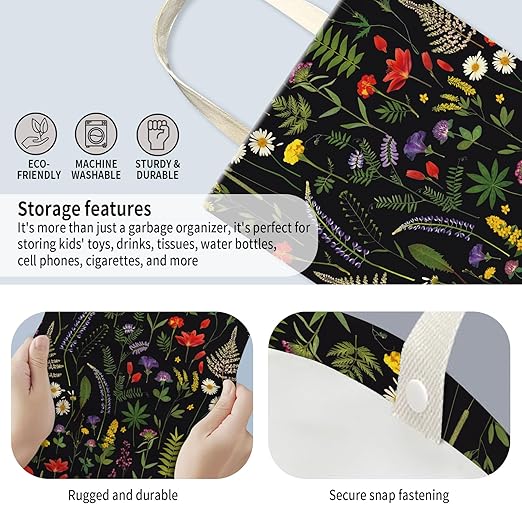 AUEKLLW Car Trash Can, Hanging Garbage Bin for Men and Women, Cute Car Organizer and Storage Bag, Canvas Vehicle Trash Can Bag Easy-to-Install Cute Black Floral