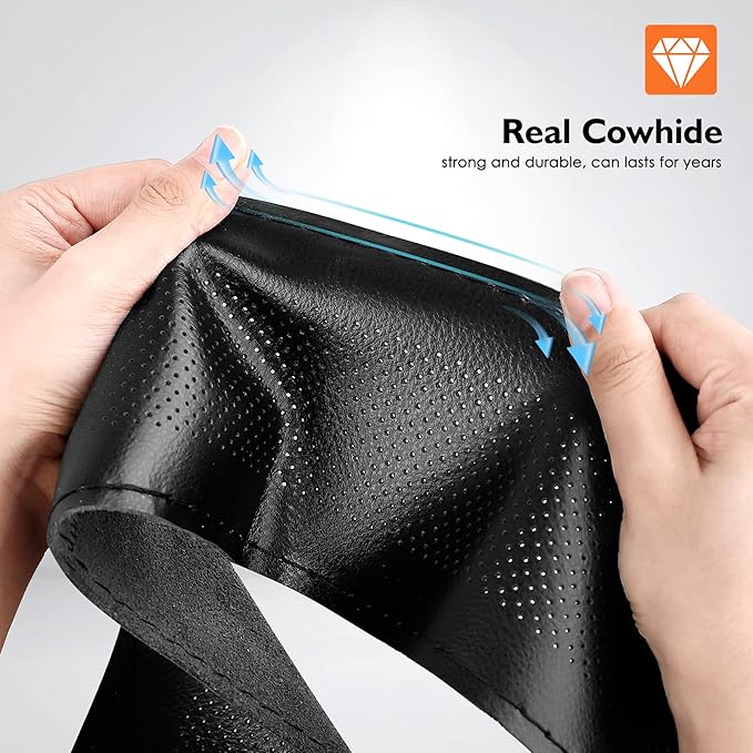 BELINOUS Leather Car Steering Wheel Cover, Stitch On Wrap (Size M4, Black)