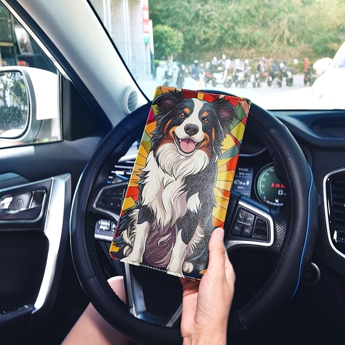 Cute Stained Glasses Australian Shepherd Dogs Car Registration and Insurance Holder Vehicle Glove Box Organizer Car Accessories Wallet Case for Women Men 202b8656