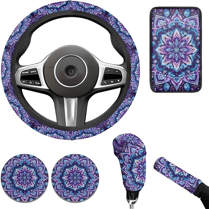 6PCS Hippie Car Steering Wheel Cover Sets Boho Lotus Cup Holder Handbrake Gear Cover Auto Interior Accessories for Men Women