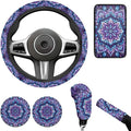 6PCS Hippie Car Steering Wheel Cover Sets Boho Lotus Cup Holder Handbrake Gear Cover Auto Interior Accessories for Men Women