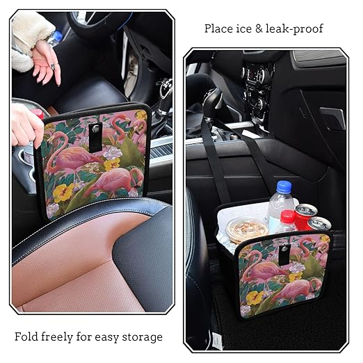 Car Trash Can Organizer Bin with Adjustable Strap for Back Front Seat Console Waterproof Leakproof Collapsible Portable 8.66 Inch Pink Romantic Tropical Flamingo and Plants