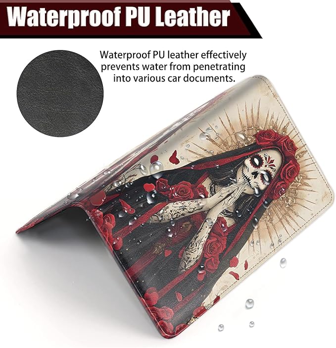 Car Registration Holder, PU Leather Vehicle Glove Box Organizer for Driver License, Document, Car Insurance Holder with Magnetic Shut, Auto Paperwork Wallet Case Accessories, Day Of The Dead Girl