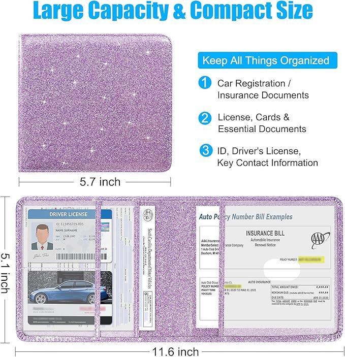 DMLuna Car Registration and Insurance Holder, Folio Leather Vehicle Card Document Glove Box Organizer, Driver License Cards, Glitter Purple