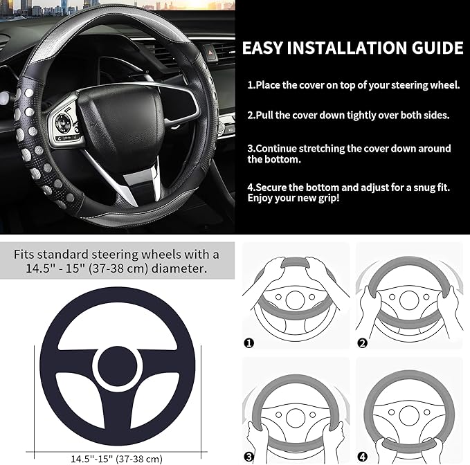 QCYP PU Leather Car Steering Wheel Cover with Anti-Slip Grip, for Women and Men, Universal Fit for 14.5-15 Inch Cars, Trucks, SUVs (Gray (Round), Medium(Standard) Size[14 1/2''-15''])