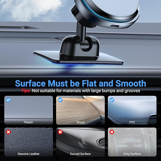 This Hill 15W Fast Magnetic Car Phone Mount - 2-in-1 Dashboard/Air Vent Mount with 360° Rotation & Secure Double Hook Clip, Includes QC 3.0 Adapter, Compatible with MagSafe Case,iPhone,Samsung,Google