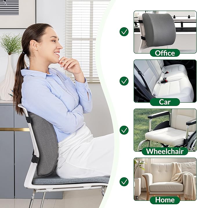 FuturaLoom Lumbar Support Pillow for Office Chair and Car,Back Support for Office Chair,Charcoal Memory Foam Back Cushion with Breathable Mesh Cover,Double Adjustable Straps,Grey