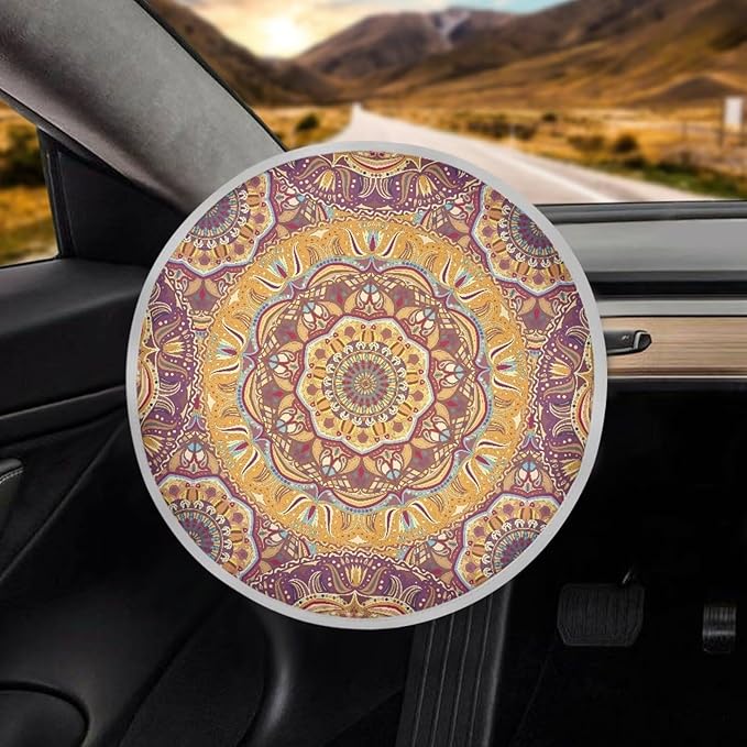 Boho Mandala Flower Pattern Steering Wheel Sun Shade for Women Heat Resistant Steering Wheel Sun Cover Steering Wheel Sunblock Cover Vehicle Accessories for SUV Car Truck Van