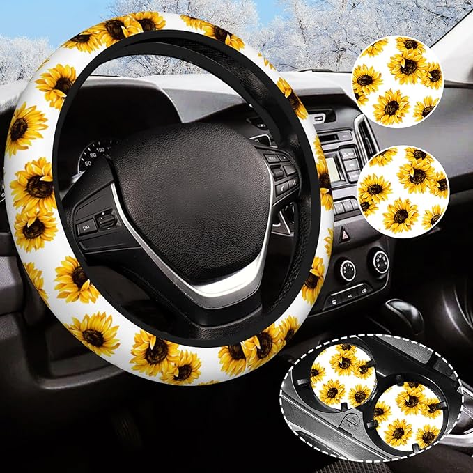 Yellow Sunflower Flower Steering Wheel Cover for Women Men with 2 Pcs Car Coasters, Universal 14.5-15 Inch Rainbow Steering Wheel Covers Non-Slip Car Accessories for Girls