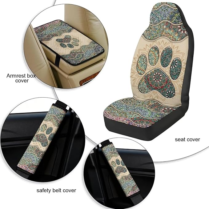 FUSURIRE Boho Paws Print Car Accessories Full Set 5 Pack PU Leather Seat Covers for Cars Seat Belt Cover Armrest Cushion Breathable Auto Interior Accessories for Women Men