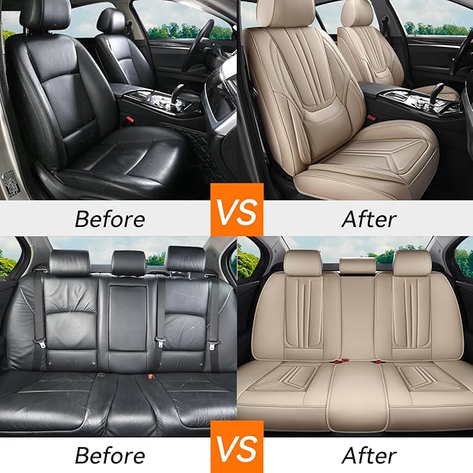 SCDOOCA Car Seat Covers Full Set Beige, Luxury Leather Car Seat Covers, Waterproof and Breathable Seat Covers, Universal Car Seat Protector Fit for Cars, Trucks, SUVs, Pick-ups (Full Set)