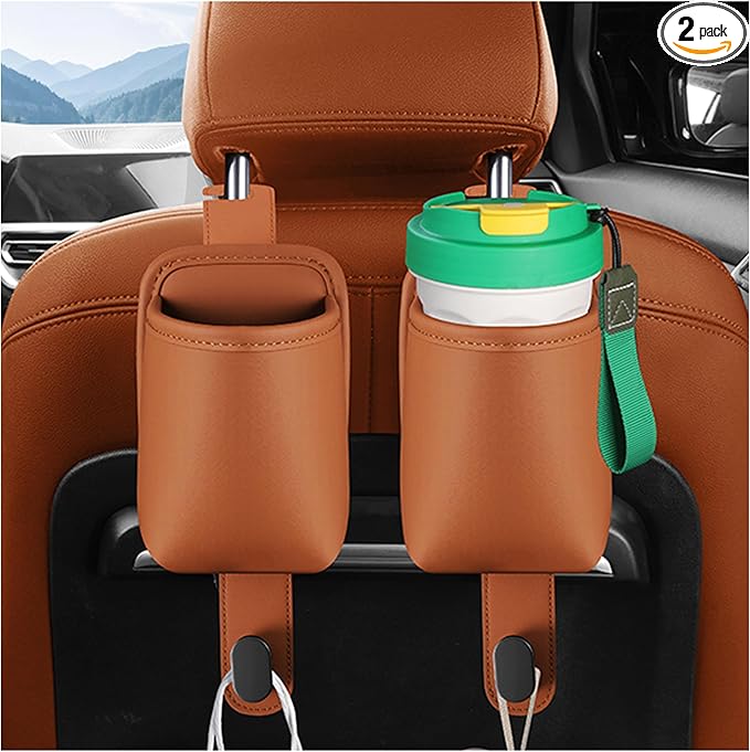 2-Pack Car Seat Back Cup Holder Organizer, Faux Leather Car Cup Holders with Hooks, Universal Backseat Storage for Drinks, Bottles & Travel Accessories (Orange)