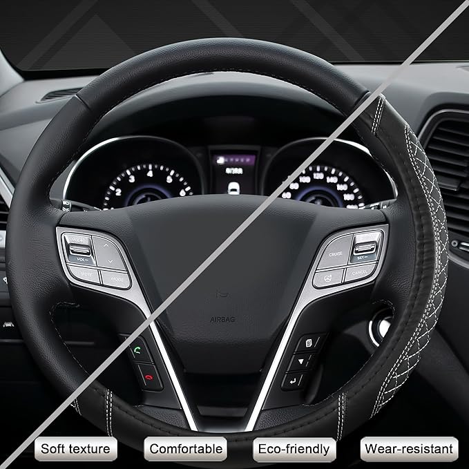 West Llama Customized Auto Car Steering Wheel Cover for Hyundai,Tucson,Sonata,Elantra,Santa Fe,Genesis,Sonata Hybrid,Azera,Venue,Kona, 14.5-15 inches(Diamond Quilted-Black+Gray-Standard Size)