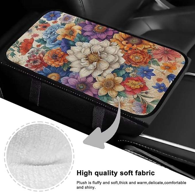 Bulopur Hippie Flower Armrest Cover Car Center Console Cover Easy to Install Car Armrest Cushion Flannel Protector Protect from Pet Claws Thickened Fit for Most Cars, Vehicles, SUVs