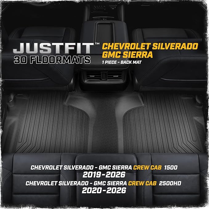 CAT® JustFit™ 3D Custom Fit Bench Floor Mat for 2019-2026 Chevrolet Silverado 1500/GMC Sierra 1500 & 2020-2026 Chevy Silverado/GMC Sierra 2500HD/3500HD Crew Cab Rear Floor Liner Laser Measured