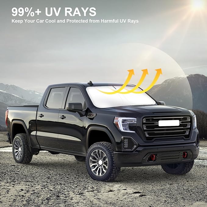SHINEHOME Car Windshield Sun Shade Compatible with 2026 2025 2024 2023 2022 2021 2020 2019 GMC Sierra 1500 2500 3500 SLT, AT4, Denali Accessories Foldable Sunshade Truck Custom Windshield Sun Visor
