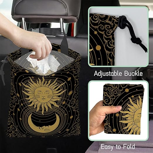 NHNXHWIA Mystical Sun Car Trash Bag,Golden Crescent Moon Hanging Drawstring Car Garbage Bag,Waterproof Canvas Car Back Seat Organizer with Adjustable Buckle,for Vehicles,SUVs,Camping,Road Trips