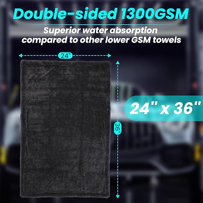 Mysticline 2 Pack 1300 GSM Car Drying Towel,Double-Sided Microfiber Towels for Cars(36" x 24"),Extra Large Ultra Absorbent,Without Residual Lint,Scratches or Water Spots