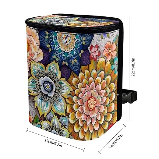 Talayituse Boho Flower Print Car Trash Can with Lid, Leak Proof Auto Trash Bag Hanging Vehicle Garbage Can Multipurpose Storage Container for Back Seat Road Trip