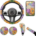 Flower 6pcs Car Accessories for Women Chrysanthemum Print Steering Wheel Cover Car Armrest Cover Handbrake Coer Auto Interior Sets