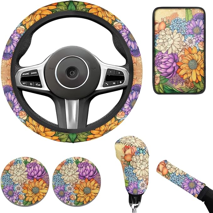Flower 6pcs Car Accessories for Women Chrysanthemum Print Steering Wheel Cover Car Armrest Cover Handbrake Coer Auto Interior Sets