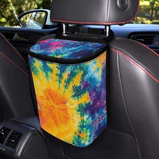Colorful Tie Dye Print Car Accessories Back Seat Multipurpose Cars Trash Can with Lid, Leak Proof Waterproof Hanging Car Garbage Can for Road Trip Travel