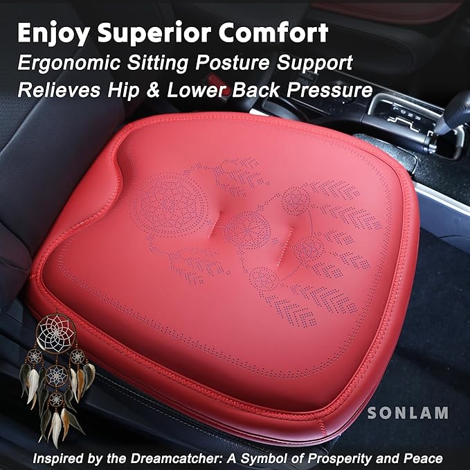 Car Seat Cushion – Dreamcatcher Inspired Design, Symbol of Prosperity & Luck – Premium Ergonomic Support for Hip & Lower Back Pain Relief (Front Seats (Red))